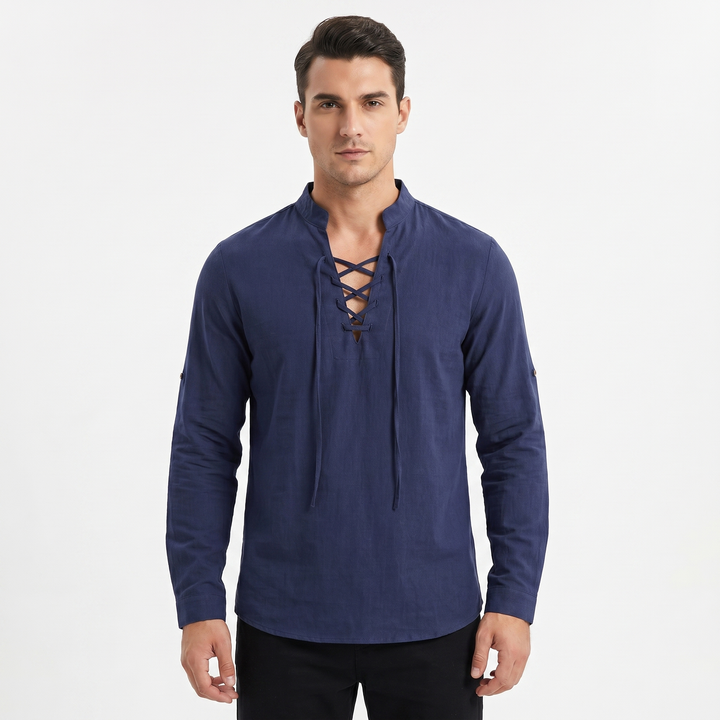 Men's Linen Pullover Shirt Lace Up V Neck Band Collar Long Sleeve Resort Casual