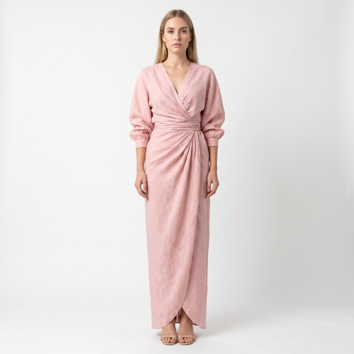 Women's Wrap Maxi Dress Deep V-Neck Ruched Waist Long Sleeve Elegant Formal Dress