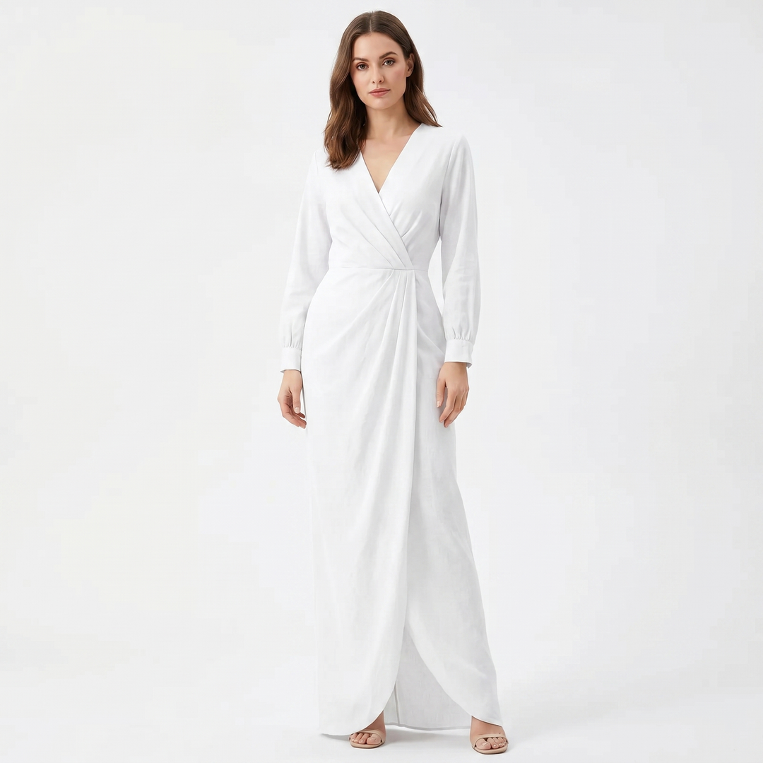 Women's Wrap Maxi Dress Deep V-Neck Ruched Waist Long Sleeve Elegant Formal Dress