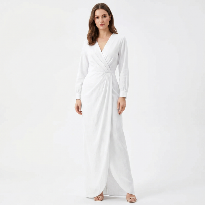 Women's Wrap Maxi Dress Deep V-Neck Ruched Waist Long Sleeve Elegant Formal Dress