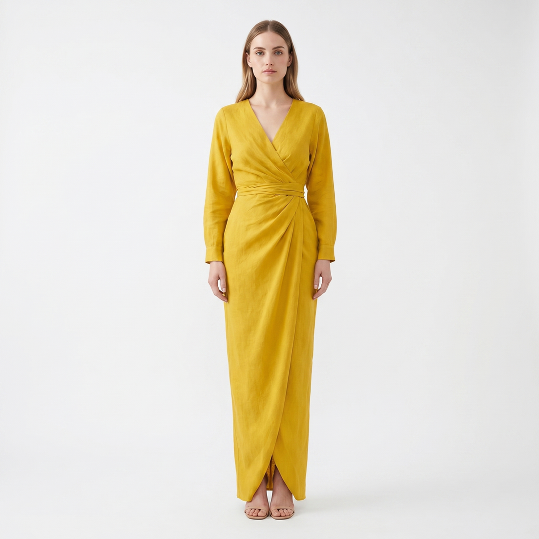 Women's Wrap Maxi Dress Deep V-Neck Ruched Waist Long Sleeve Elegant Formal Dress