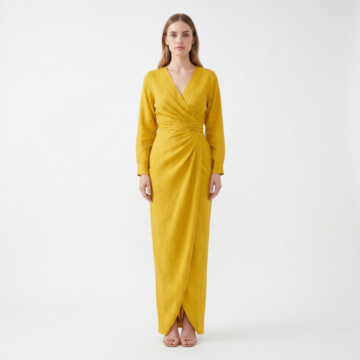 Women's Wrap Maxi Dress Deep V-Neck Ruched Waist Long Sleeve Elegant Formal Dress