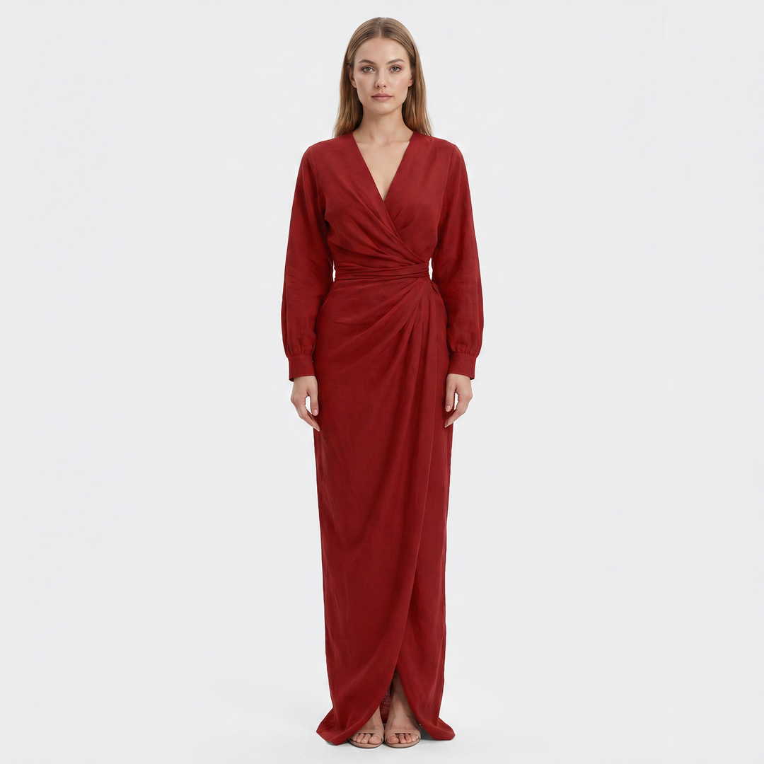 Women's Wrap Maxi Dress Deep V-Neck Ruched Waist Long Sleeve Elegant Formal Dress