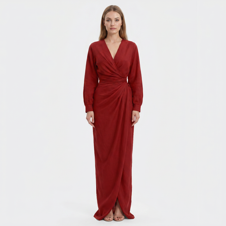 Women's Wrap Maxi Dress Deep V-Neck Ruched Waist Long Sleeve Elegant Formal Dress