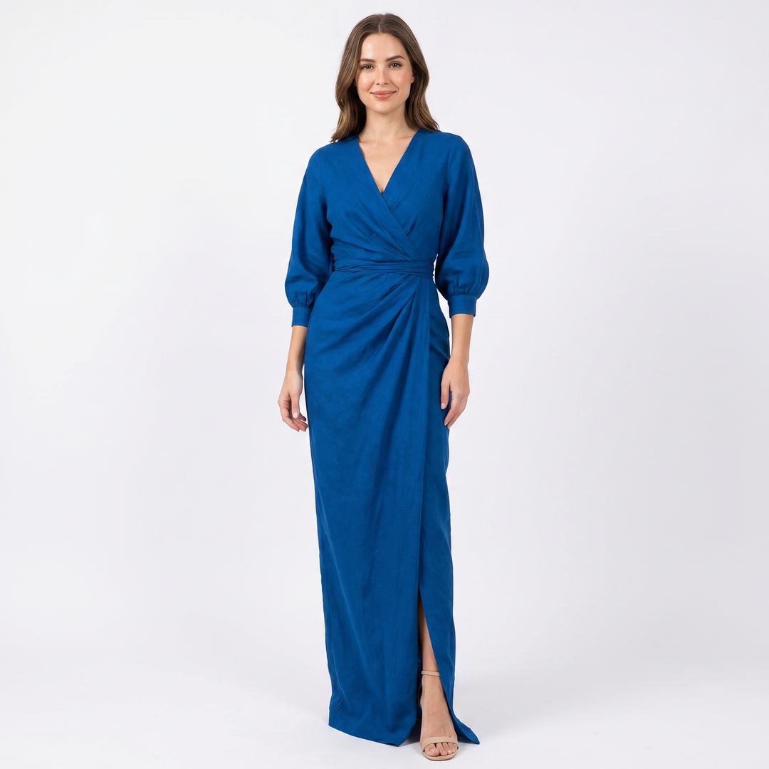 Women's Wrap Maxi Dress Deep V-Neck Ruched Waist Long Sleeve Elegant Formal Dress