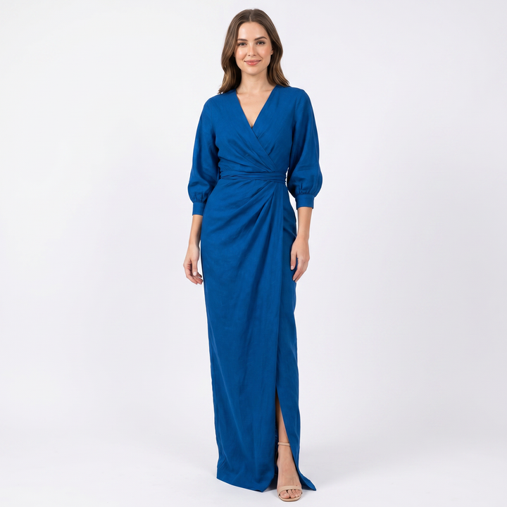 Women's Wrap Maxi Dress Deep V-Neck Ruched Waist Long Sleeve Elegant Formal Dress