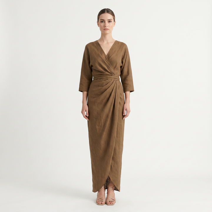 Women's Wrap Maxi Dress Deep V-Neck Ruched Waist Long Sleeve Elegant Formal Dress