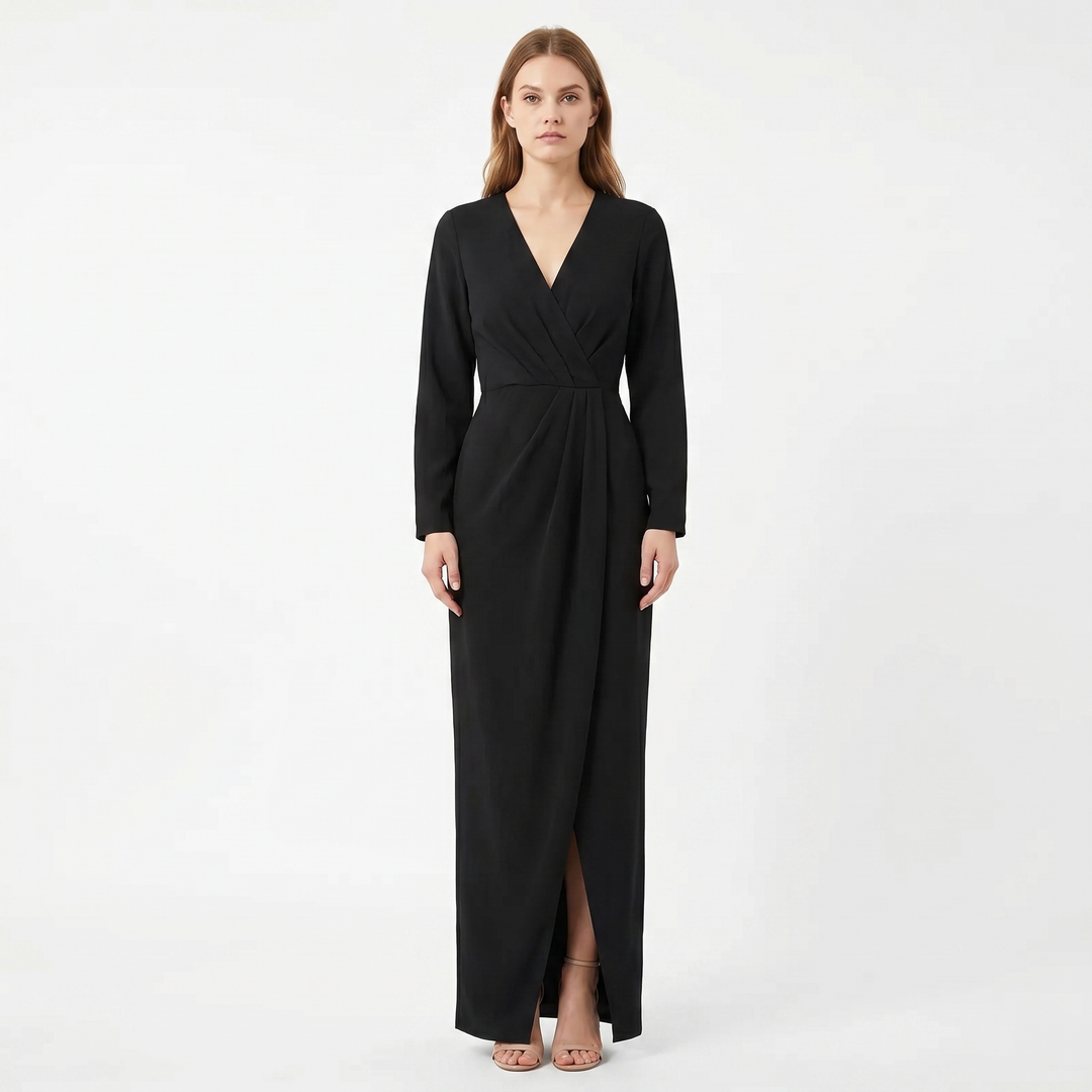 Women's Wrap Maxi Dress Deep V-Neck Ruched Waist Long Sleeve Elegant Formal Dress