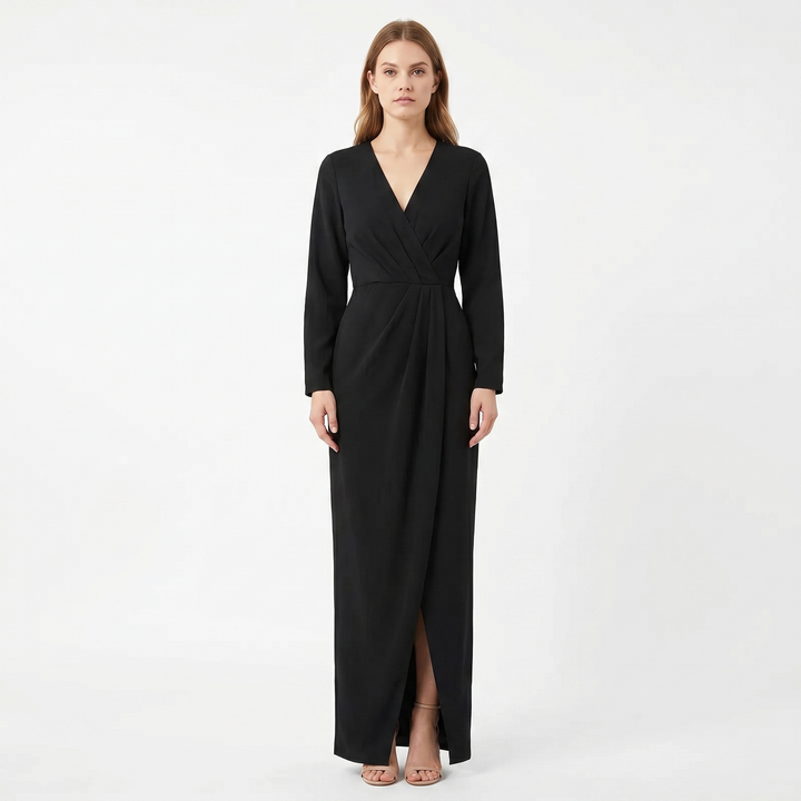 Women's Wrap Maxi Dress Deep V-Neck Ruched Waist Long Sleeve Elegant Formal Dress