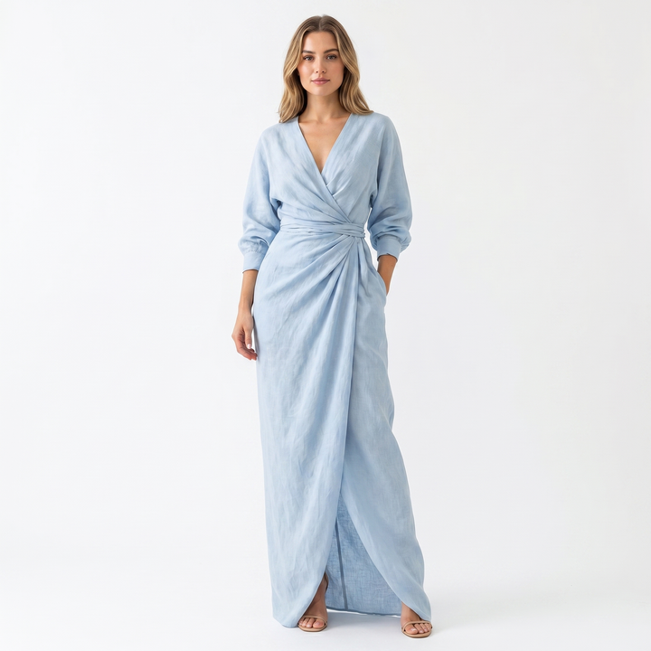Women's Wrap Maxi Dress Deep V-Neck Ruched Waist Long Sleeve Elegant Formal Dress