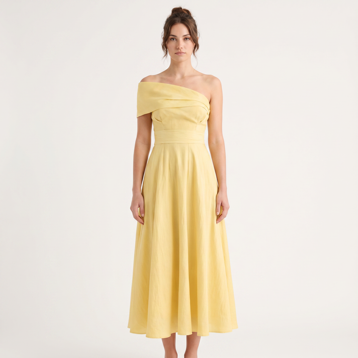 Women's Off Shoulder Midi Dress Fit and Flare Pleated Skirt Elegant Wedding Guest Dress
