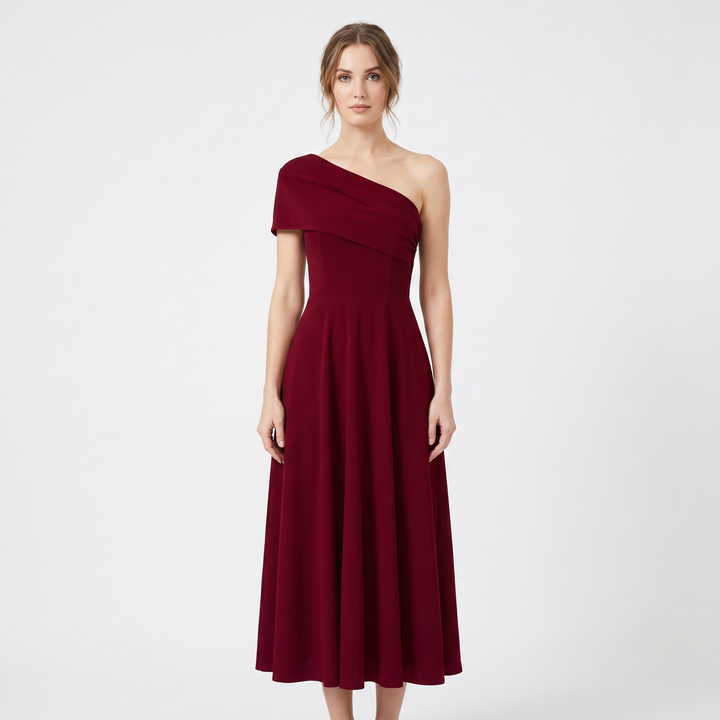 Women's Off Shoulder Midi Dress Fit and Flare Pleated Skirt Elegant Wedding Guest Dress