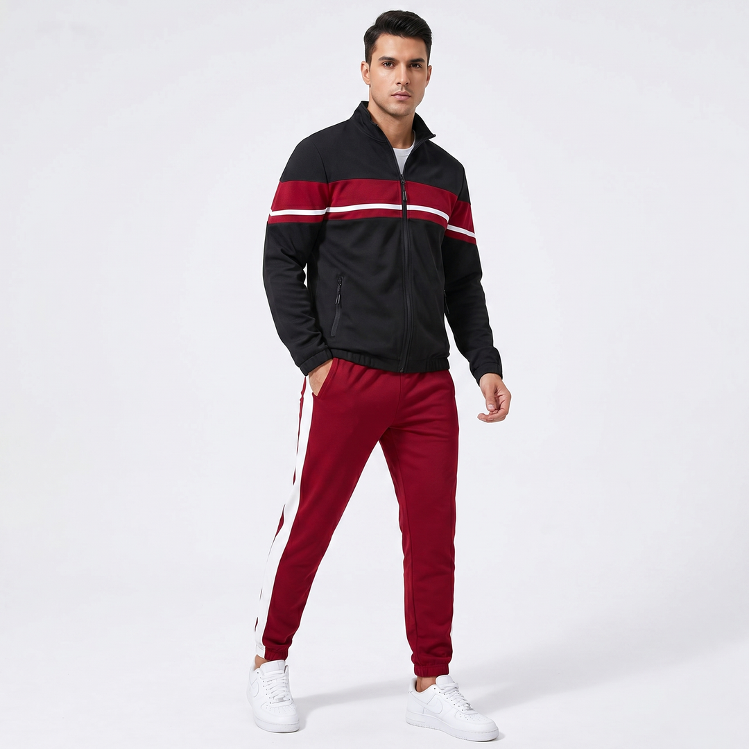 Men's Colour Block Tracksuit Set Zip Fleece Jacket Jogger Pants Retro Sport Co-Ord