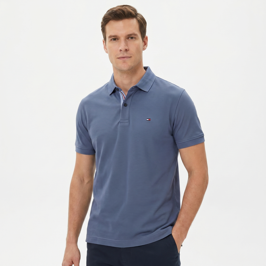 Men's Piqué Polo Shirt Short Sleeve Contrast Stripe Placket Regular Fit Smart Casual