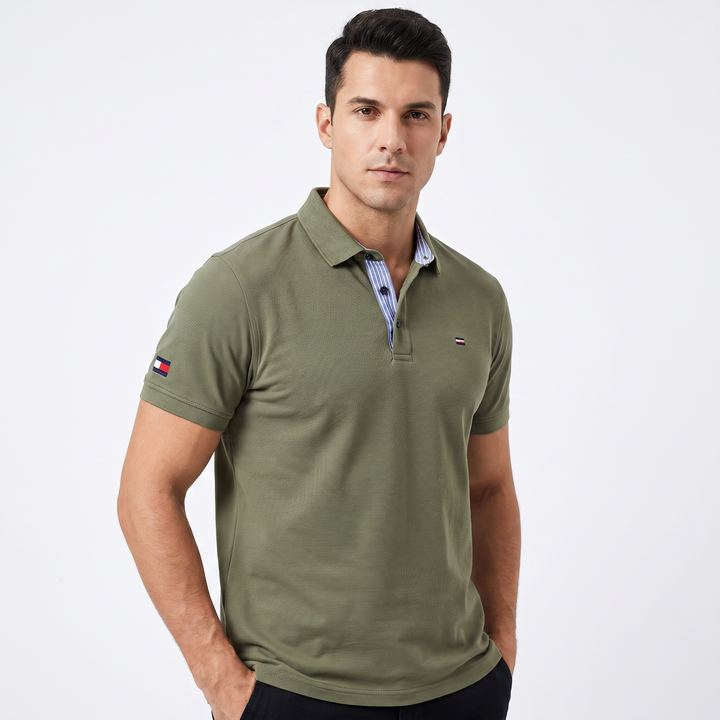Men's Piqué Polo Shirt Short Sleeve Contrast Stripe Placket Regular Fit Smart Casual