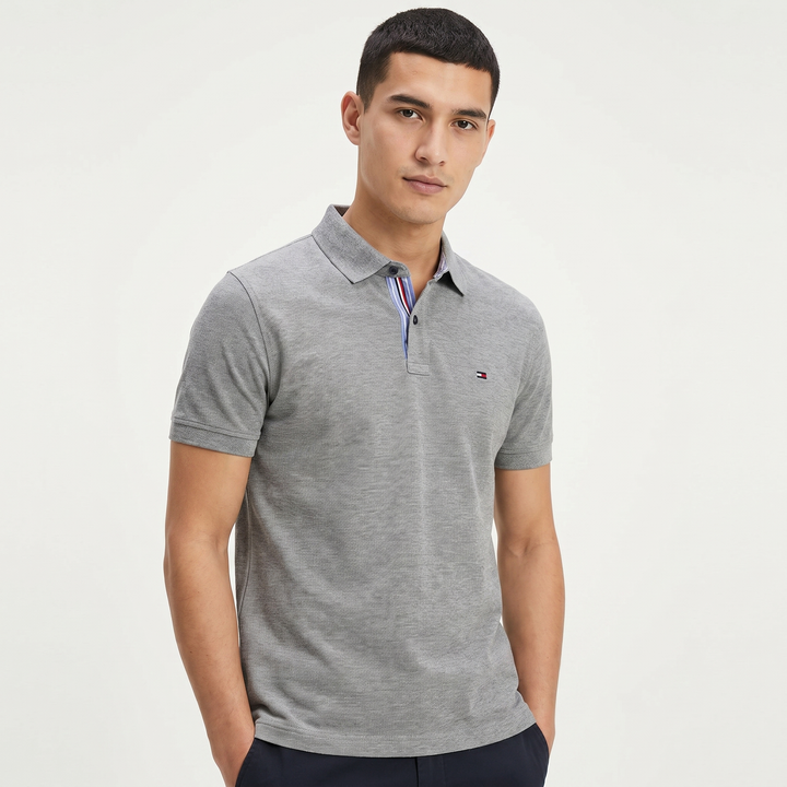 Men's Piqué Polo Shirt Short Sleeve Contrast Stripe Placket Regular Fit Smart Casual