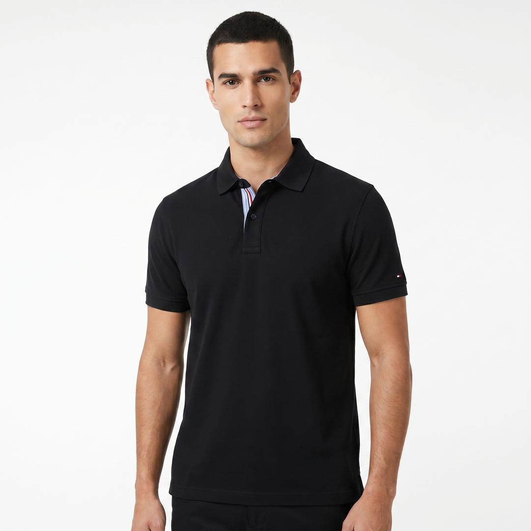 Men's Piqué Polo Shirt Short Sleeve Contrast Stripe Placket Regular Fit Smart Casual