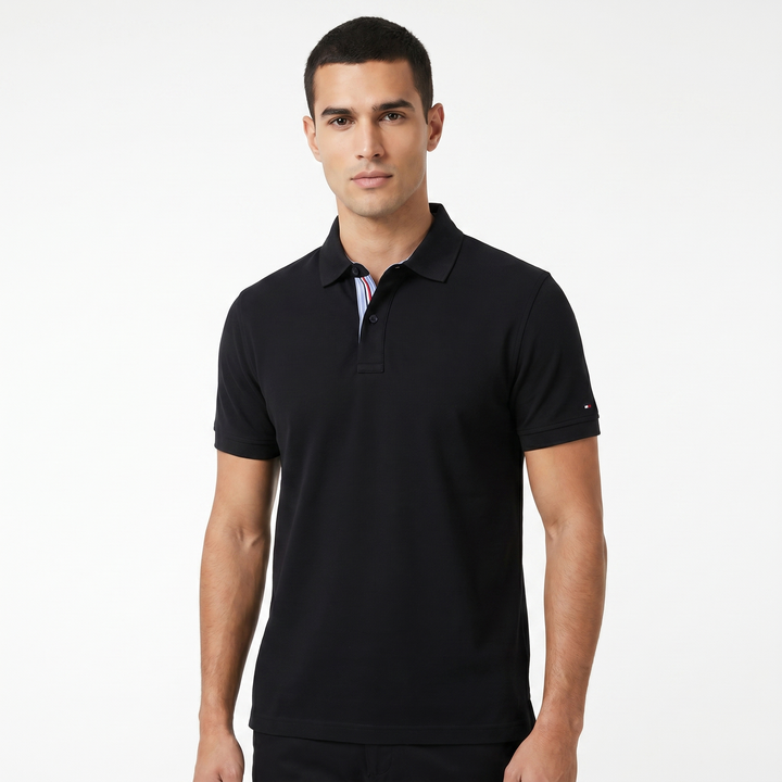 Men's Piqué Polo Shirt Short Sleeve Contrast Stripe Placket Regular Fit Smart Casual