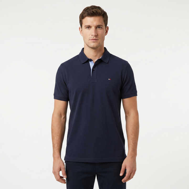 Men's Piqué Polo Shirt Short Sleeve Contrast Stripe Placket Regular Fit Smart Casual