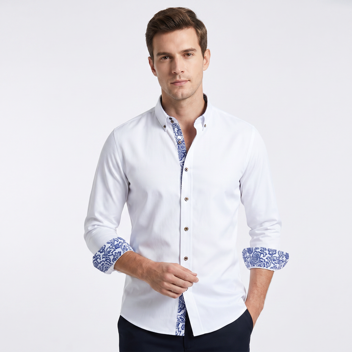 Men's Slim Fit Button Down Shirt Contrast Floral Cuff Collar Lining Smart Casual