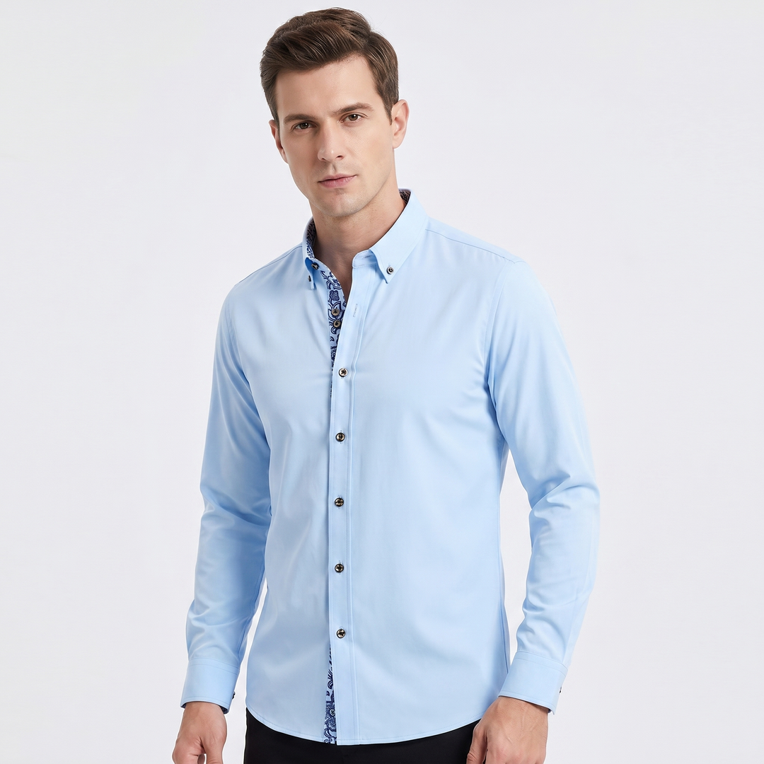 Men's Slim Fit Button Down Shirt Contrast Floral Cuff Collar Lining Smart Casual