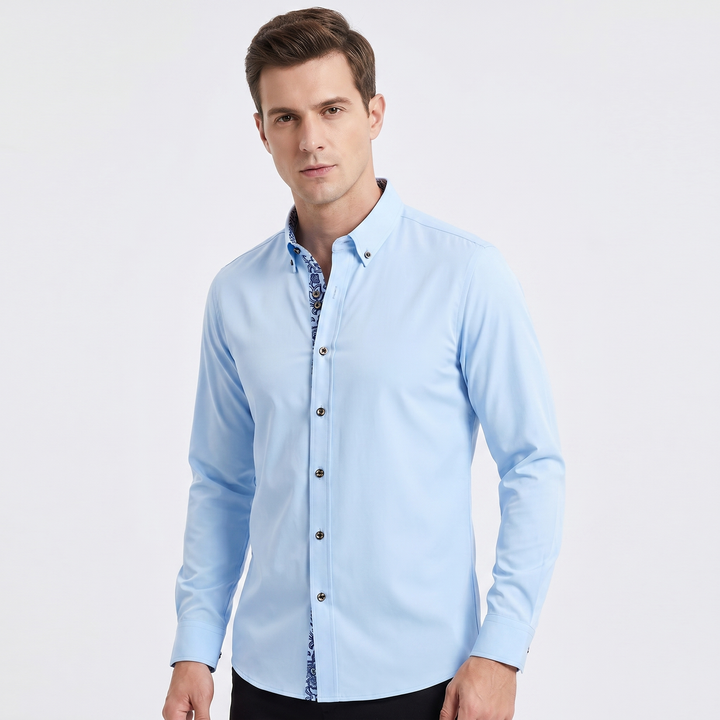 Men's Slim Fit Button Down Shirt Contrast Floral Cuff Collar Lining Smart Casual