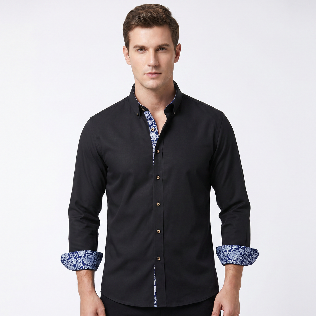 Men's Slim Fit Button Down Shirt Contrast Floral Cuff Collar Lining Smart Casual