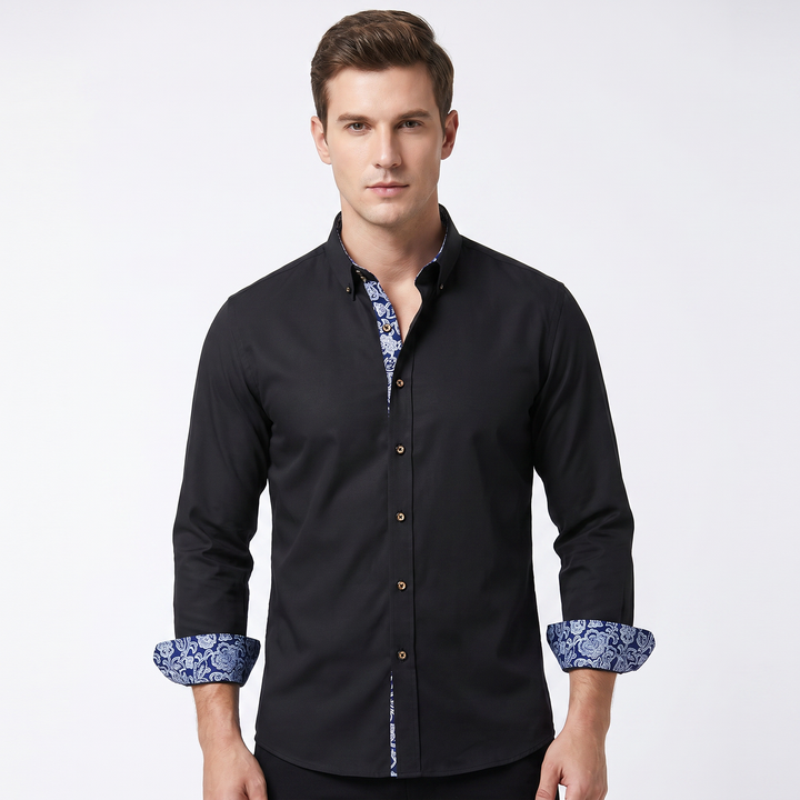 Men's Slim Fit Button Down Shirt Contrast Floral Cuff Collar Lining Smart Casual