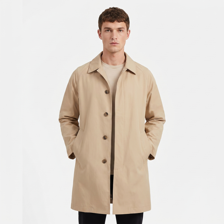 Men's Mac Coat Single Breasted Button Front Raincoat Mid Length Casual Overcoat