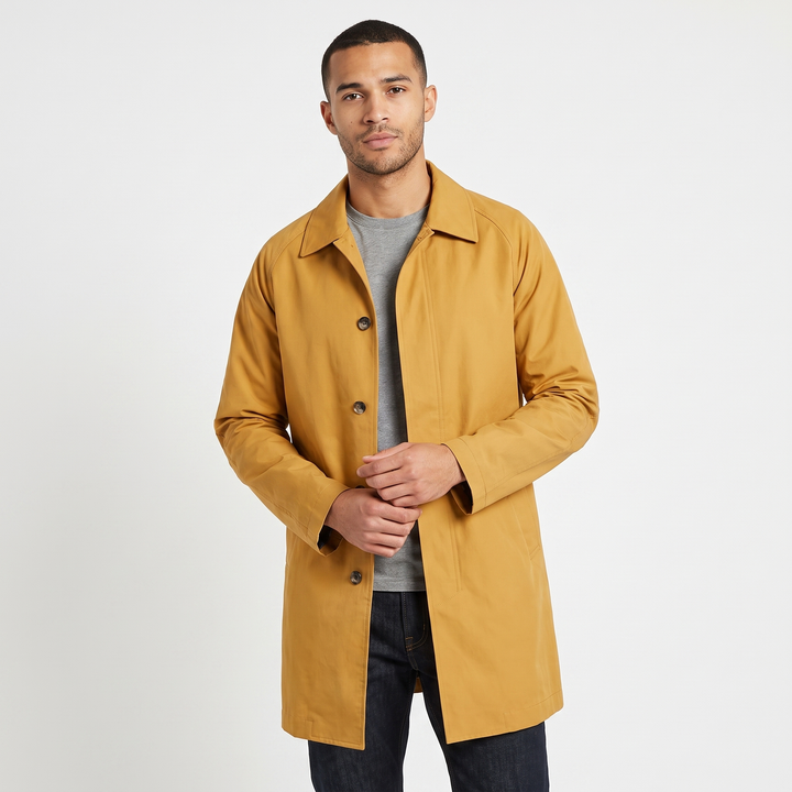 Men's Mac Coat Single Breasted Button Front Raincoat Mid Length Casual Overcoat