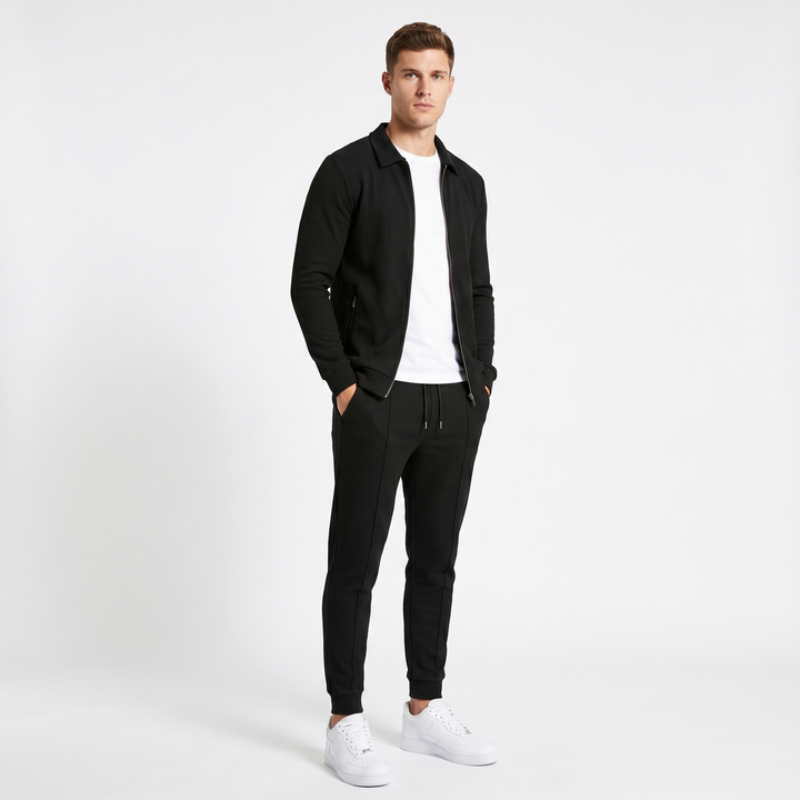 Men's Waffle Texture Zip Jacket Slim Jogger Co-Ord Set Athleisure Two Piece Suit