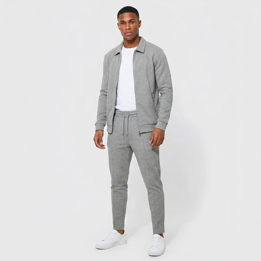 Men's Waffle Texture Zip Jacket Slim Jogger Co-Ord Set Athleisure Two Piece Suit