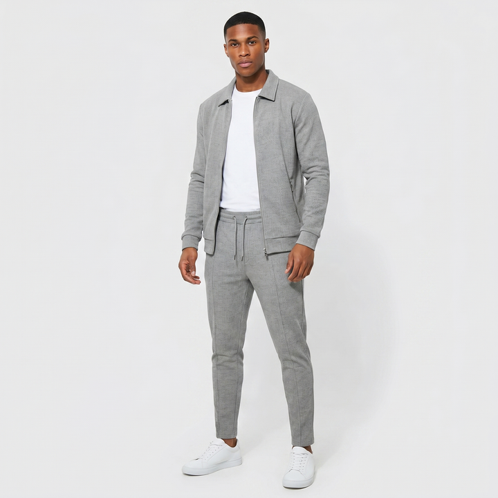 Men's Waffle Texture Zip Jacket Slim Jogger Co-Ord Set Athleisure Two Piece Suit