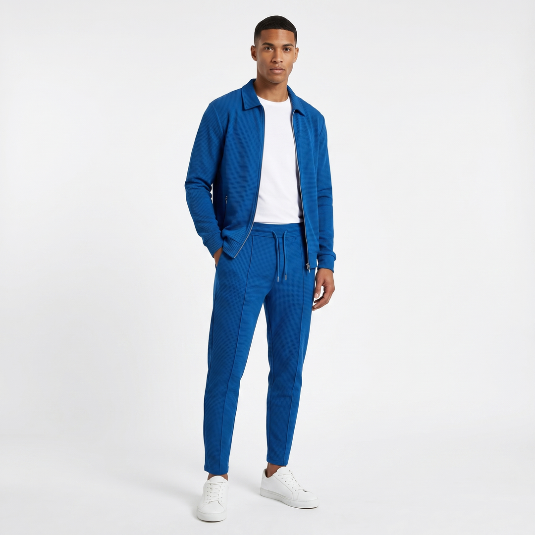 Men's Waffle Texture Zip Jacket Slim Jogger Co-Ord Set Athleisure Two Piece Suit