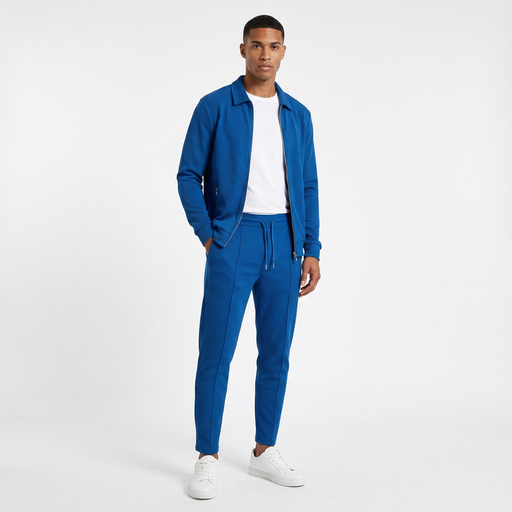 Men's Waffle Texture Zip Jacket Slim Jogger Co-Ord Set Athleisure Two Piece Suit