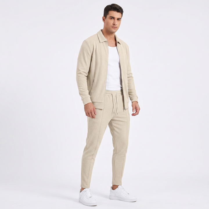 Men's Waffle Texture Zip Jacket Slim Jogger Co-Ord Set Athleisure Two Piece Suit