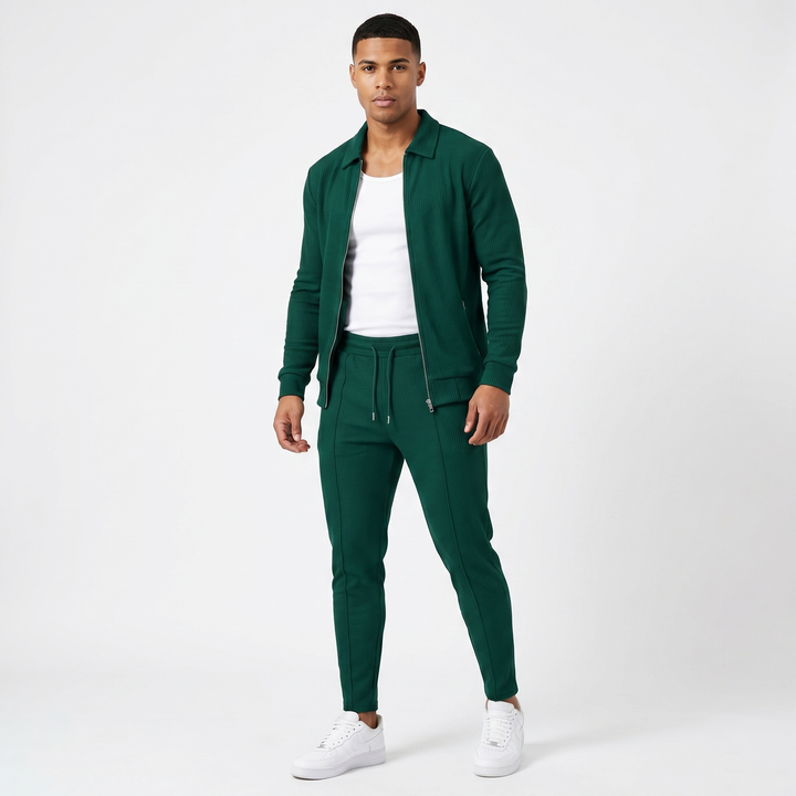 Men's Waffle Texture Zip Jacket Slim Jogger Co-Ord Set Athleisure Two Piece Suit
