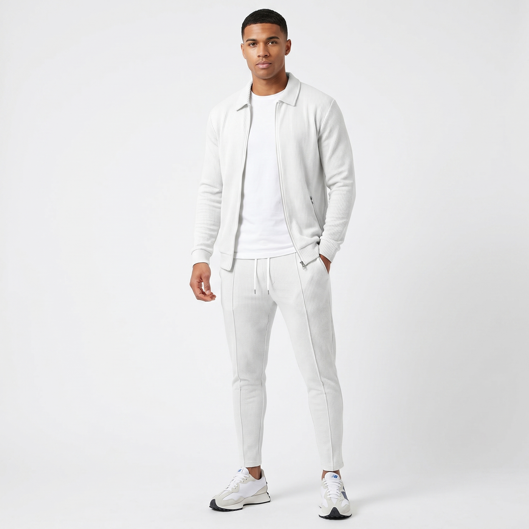 Men's Waffle Texture Zip Jacket Slim Jogger Co-Ord Set Athleisure Two Piece Suit
