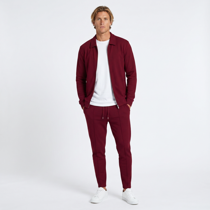 Men's Waffle Texture Zip Jacket Slim Jogger Co-Ord Set Athleisure Two Piece Suit