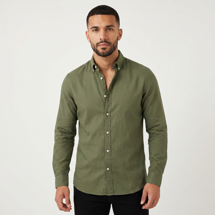 Men's Linen Long Sleeve Shirt Button Down Collar Slim Fit Casual Summer Top