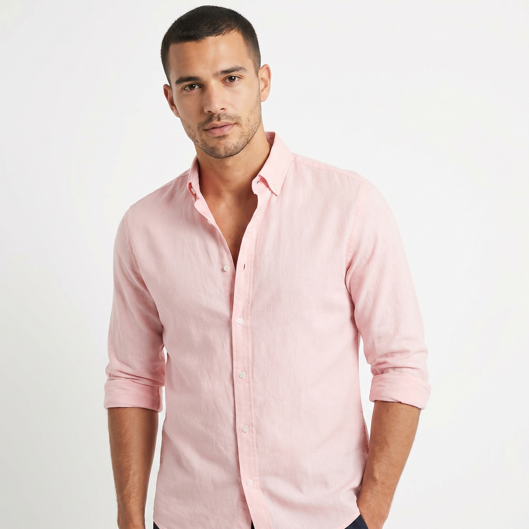 Men's Linen Long Sleeve Shirt Button Down Collar Slim Fit Casual Summer Top