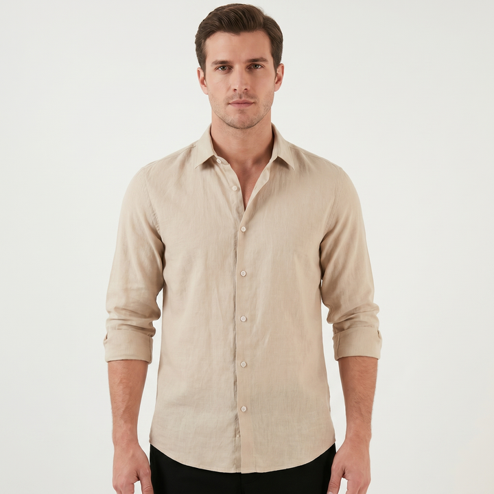Men's Linen Long Sleeve Shirt Button Down Collar Slim Fit Casual Summer Top