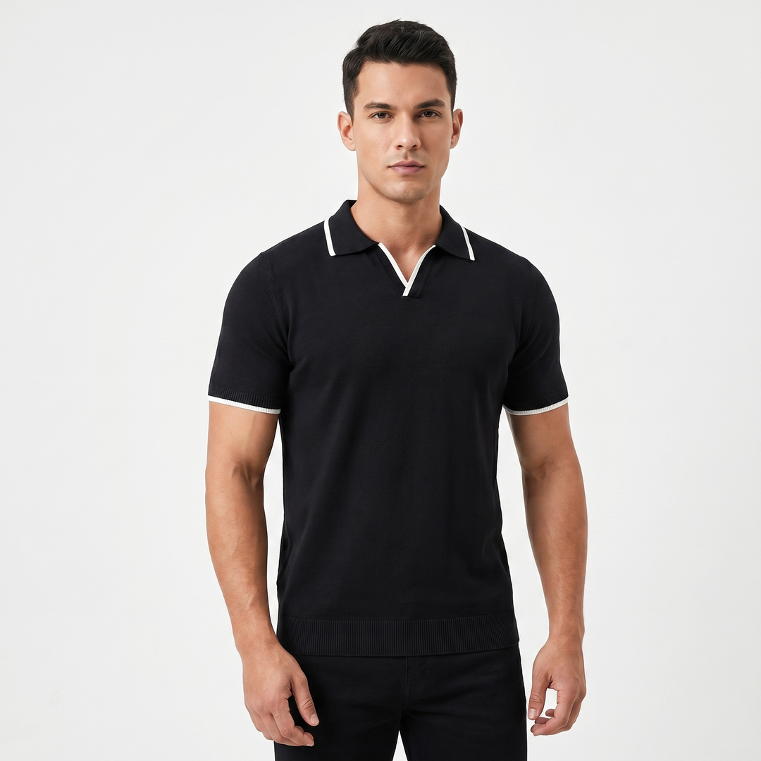 Men's Knit Polo Shirt Contrast Tipped Collar Open Neck Slim Fit Short Sleeve Top