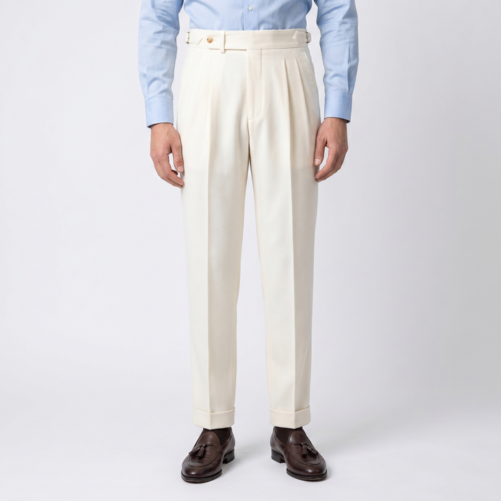 Men's High Waist Double Pleat Trousers Tab Waist Cuffed Hem Wide Leg Dress Pants