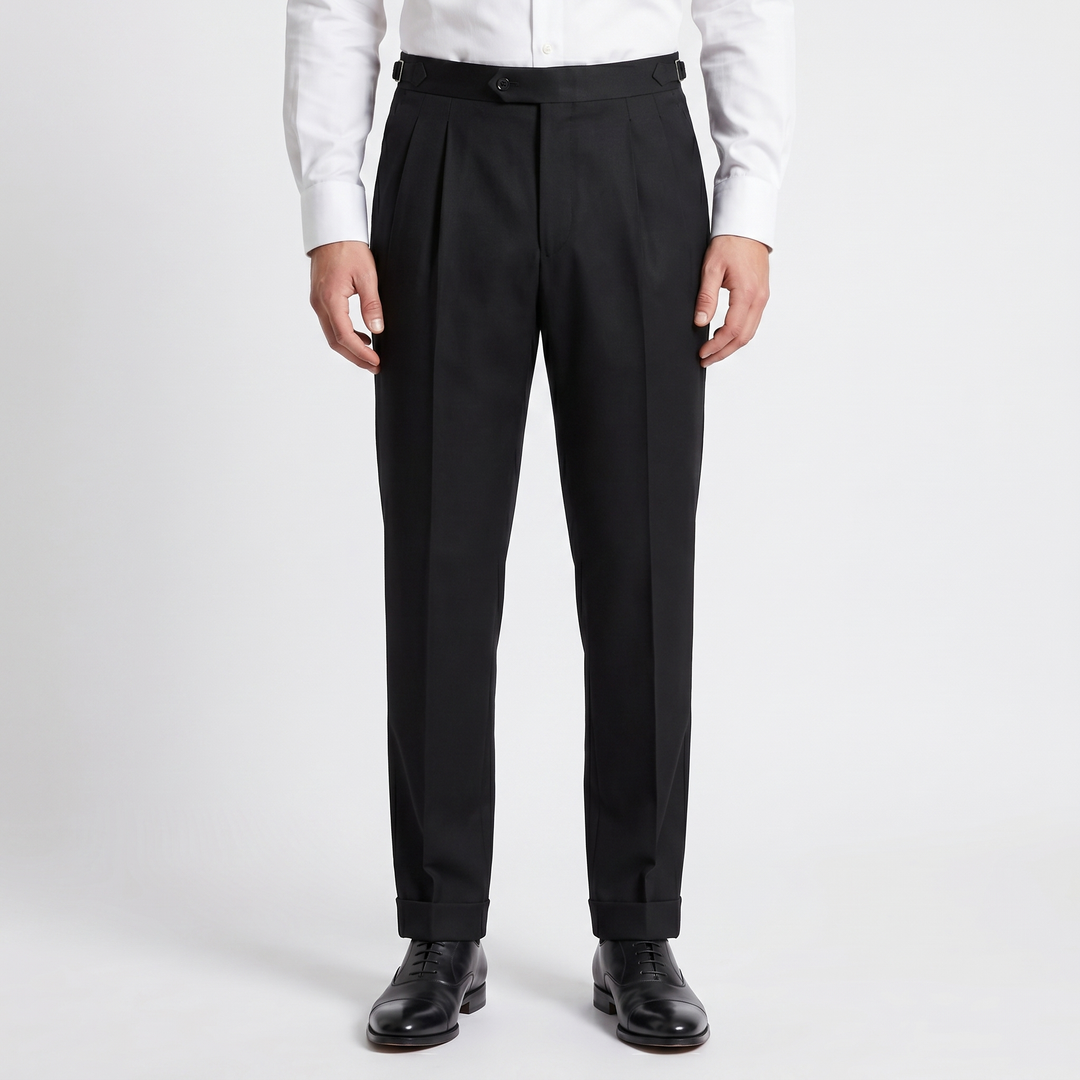 Men's High Waist Double Pleat Trousers Tab Waist Cuffed Hem Wide Leg Dress Pants