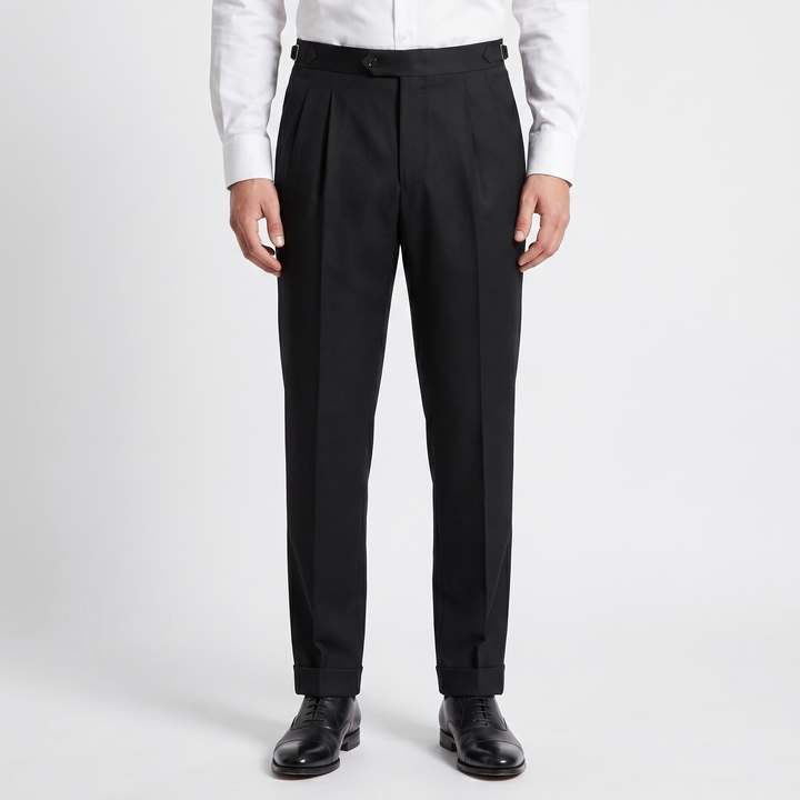 Men's High Waist Double Pleat Trousers Tab Waist Cuffed Hem Wide Leg Dress Pants
