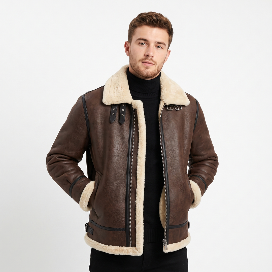 Men's Shearling Aviator Jacket Faux Leather B3 Style Sherpa Lined Winter Coat