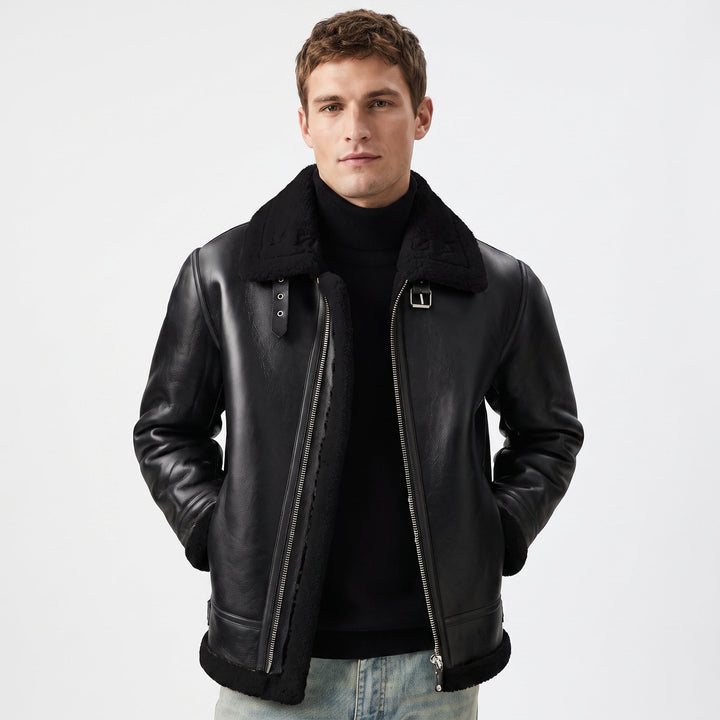 Men's Shearling Aviator Jacket Faux Leather B3 Style Sherpa Lined Winter Coat