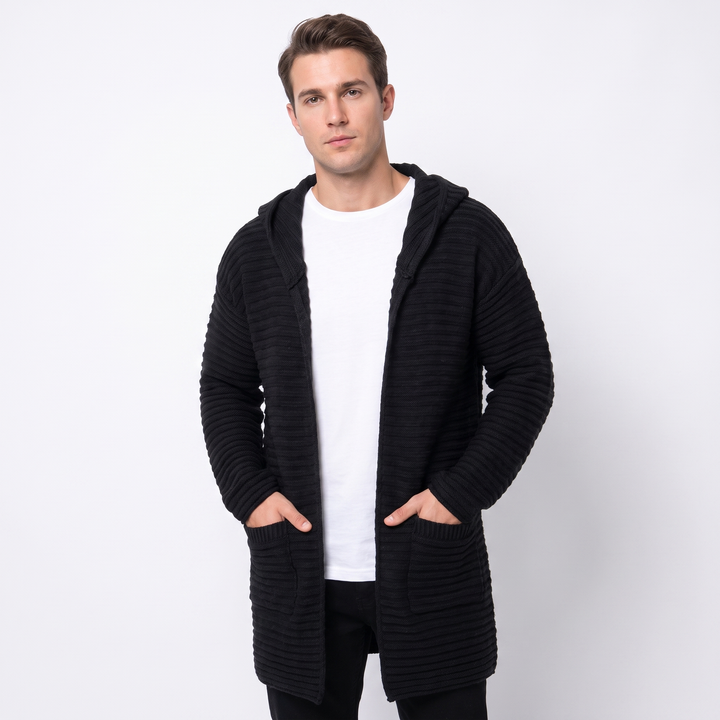 Men's Longline Open Front Cardigan Chunky Rib Knit Shawl Collar Sweater Coat