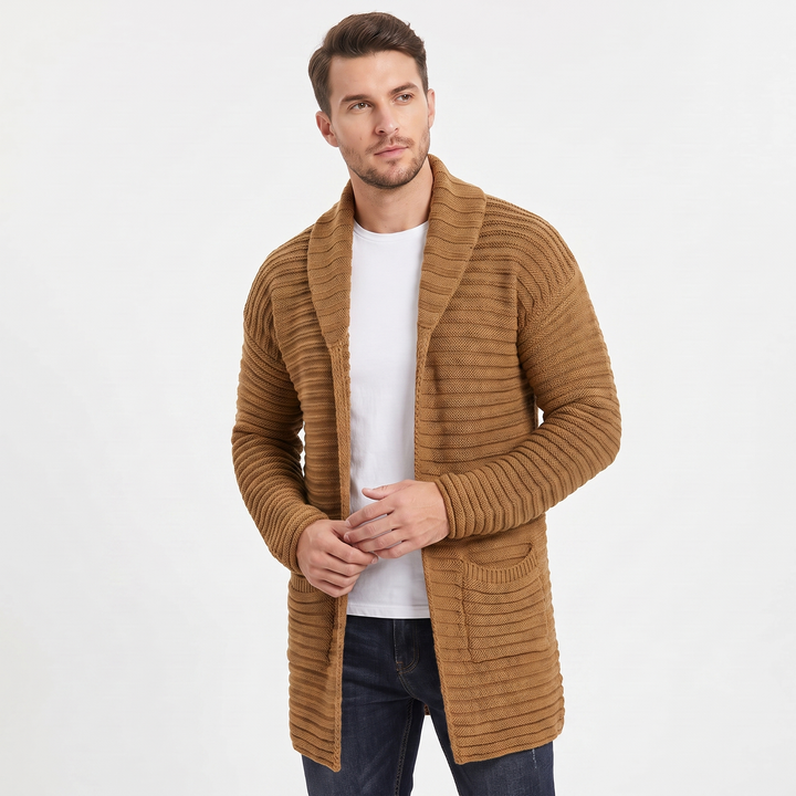 Men's Longline Open Front Cardigan Chunky Rib Knit Shawl Collar Sweater Coat